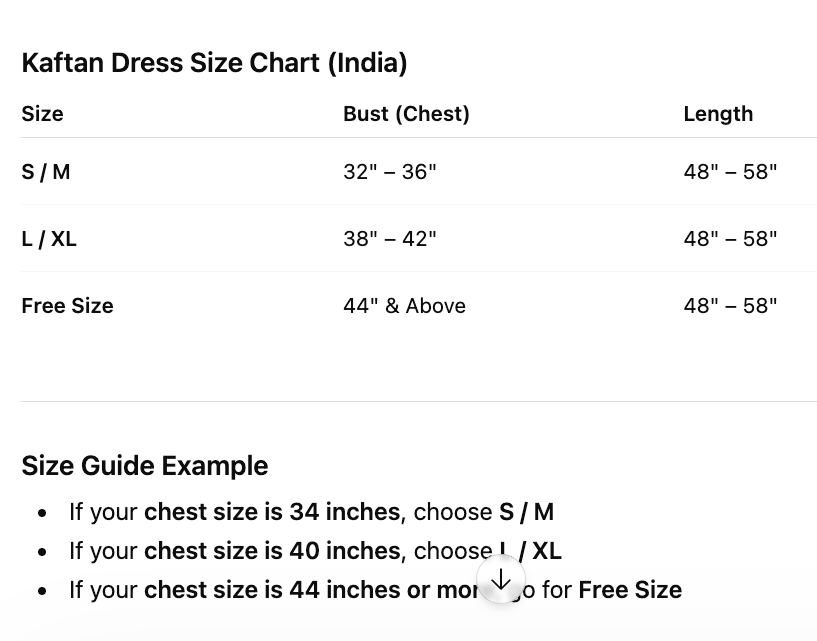 Kaftan dress size chart for India with measurements for bust, chest, and length.