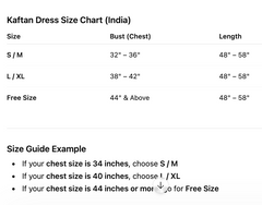 Kaftan dress size chart for India with measurements for bust, chest, and length.